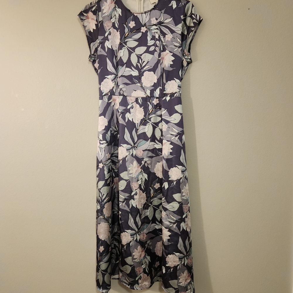 Böhme Floral Midi Dress Women's Medium Purple Pink Short Sleeve Smocked Waist - Picture 9 of 14